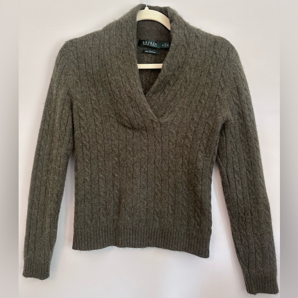 Ralph Lauren Womens Olive Cable-Knit Shawl Collar V-Neck Sweater Size M Heritage